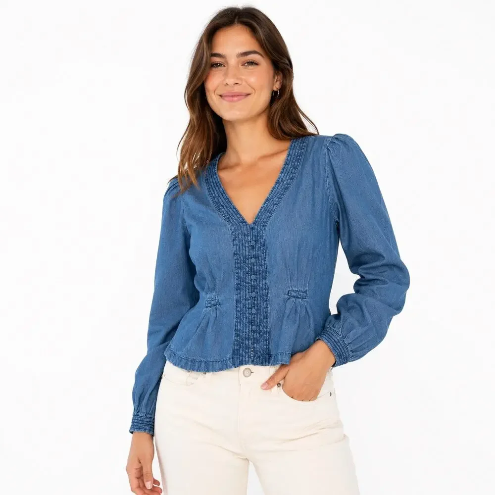 Madewell chambray balloon sleeve peplum blouse. Sloft V neck cottagecore Women 8 - Picture 1 of 7